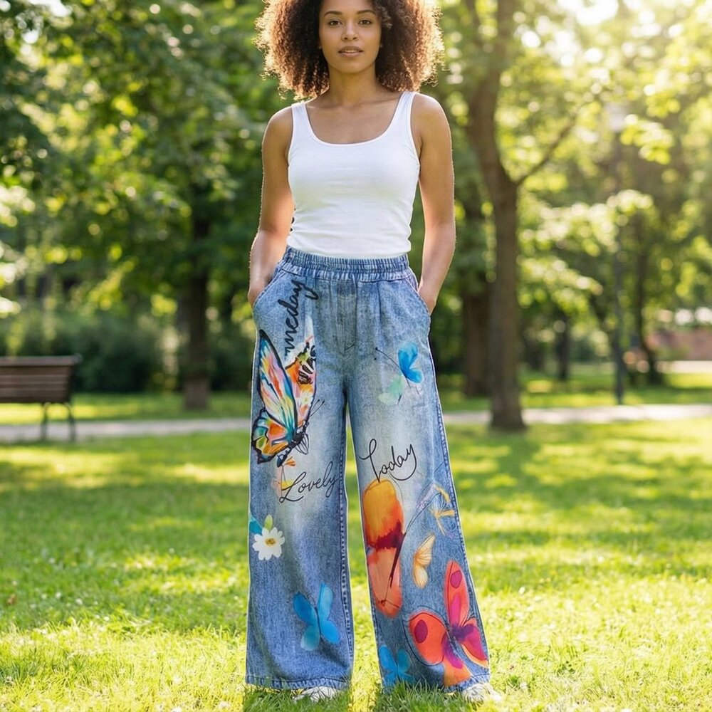 Butterfly Print Knit Denim Wide-Leg Pants | High Waist | Soft Stretch | M - Picture 3 of 14
